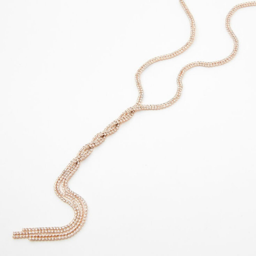 NEW ROSE GOLD RHINESTONE BRAIDED TWIST Y-NECK PENDANT LONG NECKLACE - Picture 3 of 3